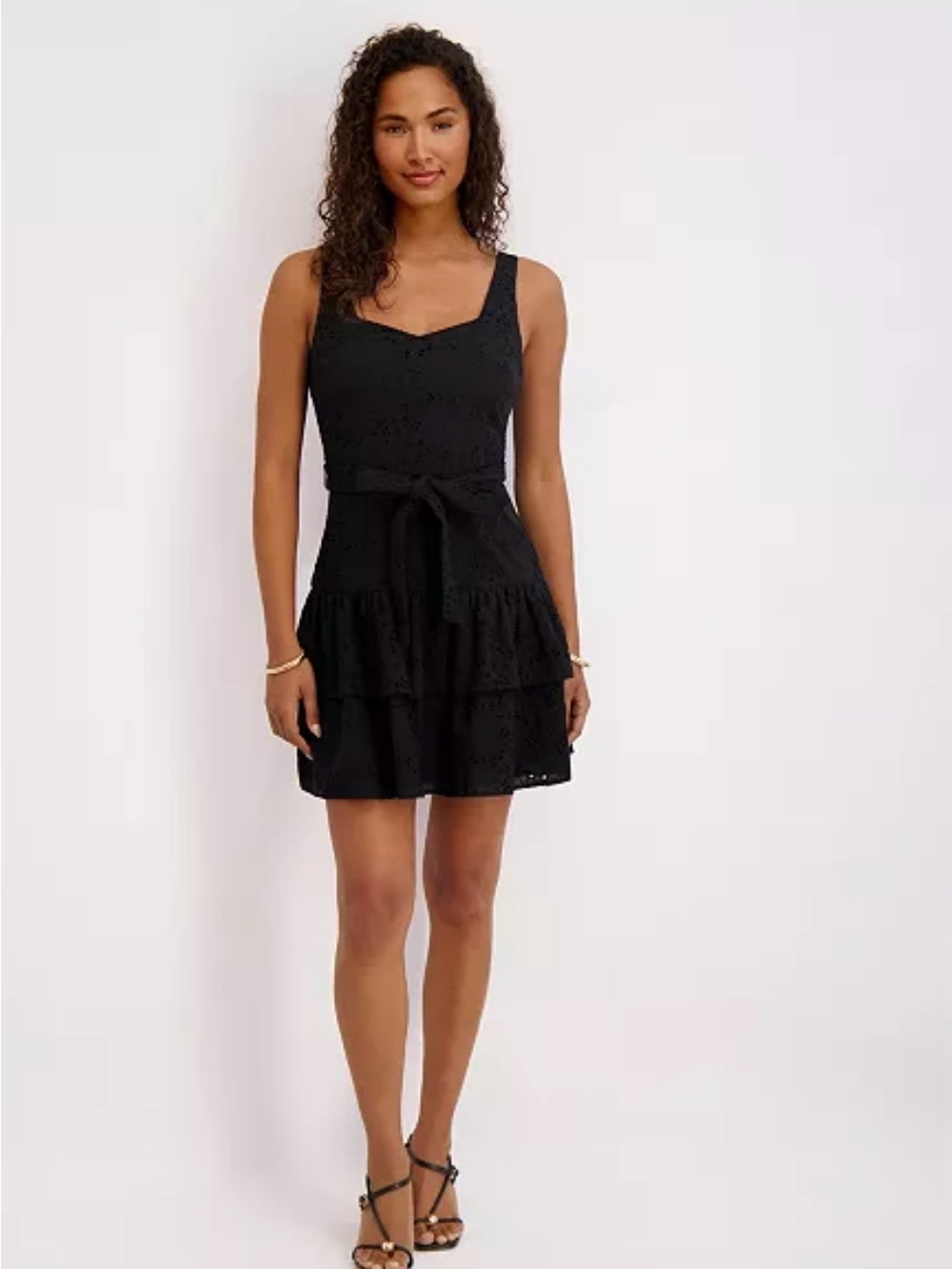Kensie Black Eyelet Tie-Waist Tiered Mini Dress